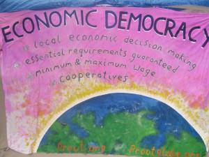 A banner with the title Economic Democracy